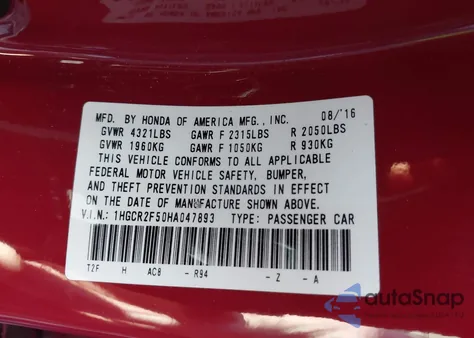 2017 Honda Accord Sport из США, поврежденный, VIN 1HGCR2F50HA047893